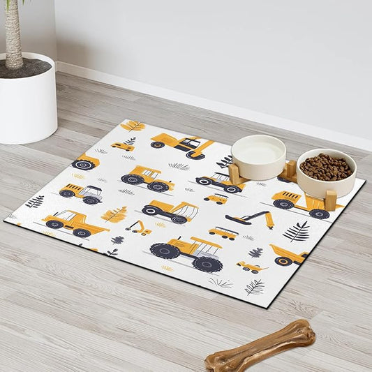 Car Dog Food Mat for Floors Absorbent, Quick Dry Water Dispenser Mat for Food, Water, Pet Supplies 16" x 24", Tractor Cars