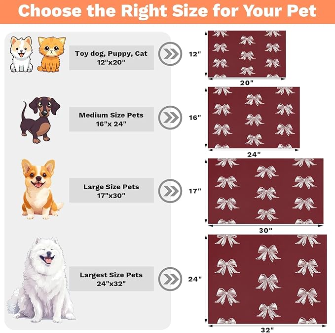 Christmas Bow Dog Food Mat for Floors Absorbent, Quick Dry Water Dispenser Mat for Food, Water, Pet Supplies 17" x 30", Cute Bow