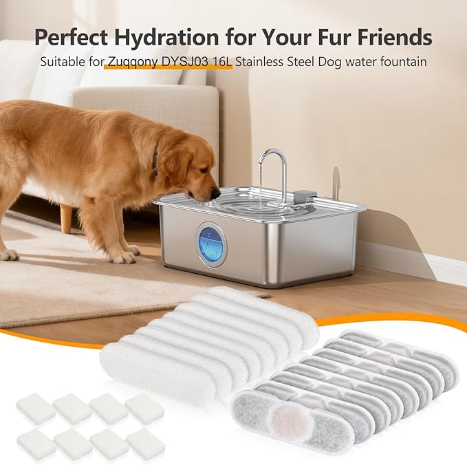 16 Sets Dog Fountain Filter Replacement for Zuqqony DYSJ03 16L/4.2Gal Stainless Steel Large Dog Water Fountain Water Bowl Dispenser for Large Dogs or Multi-Pet Home