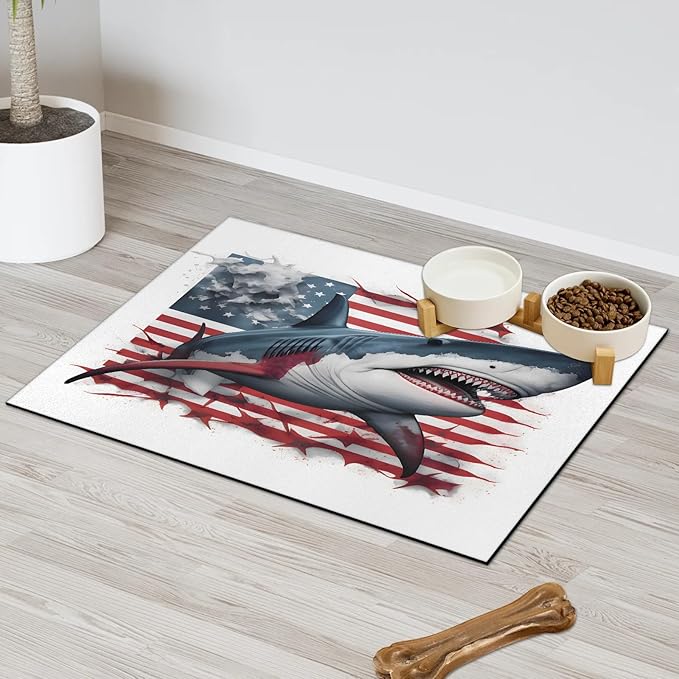 Cool Sharks Dog Food Mat for Floors Absorbent Dog Bowl Mat for Food and Water Dispenser Quick Dry Cat Food Placemat Pet Supplies 17" x 30", American Flag