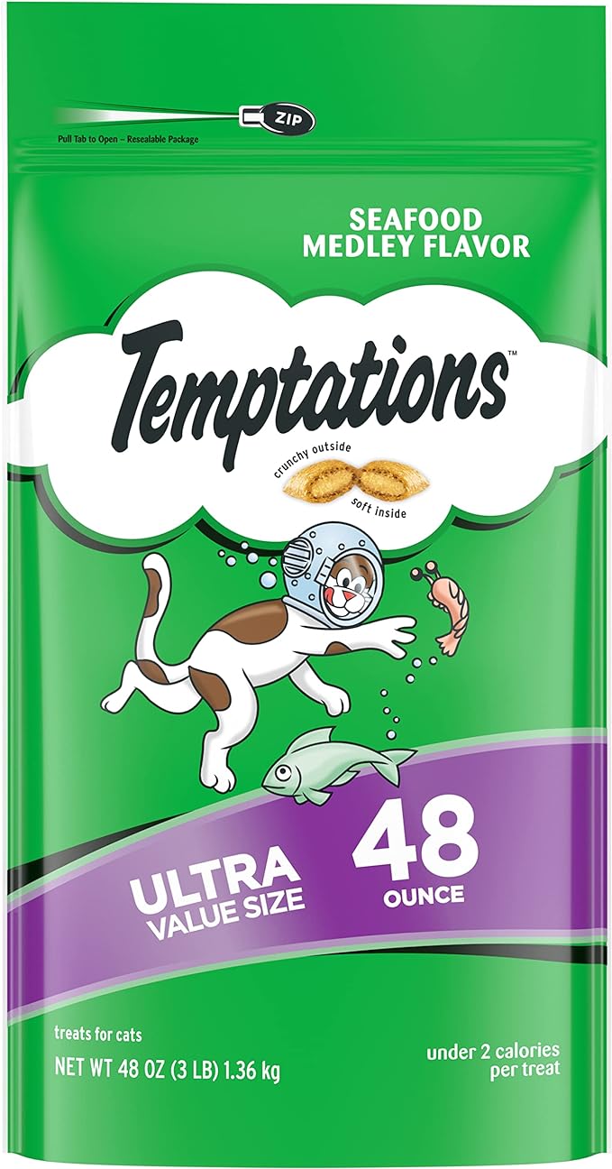 Temptations Cat Treats, Classic Crunchy and Soft Cat Treats, Seafood Medley Flavor, 48 oz. Pouch