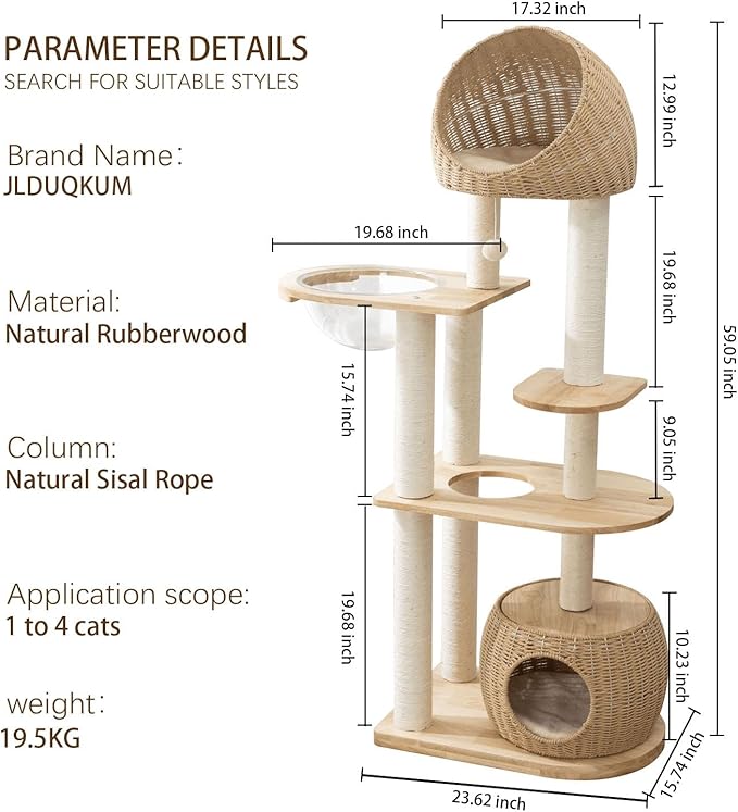Modern Cat Tree Wood for Indoor Cats, 59-Inch Multi-Level Cat Tower with Scratching Post for Large Cats, Sturdy Cat Condo with Two Handwoven Basket and Capsule, Easy to Clean
