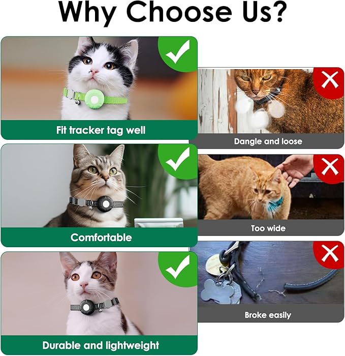 Cat Tracker, Waterproof Pet Tracker for Cats, Cat Tracker Collar with Safety Elastic Buckle, Compatible with Apple Find My App (Only iOS), No Monthly Fee, Light Green