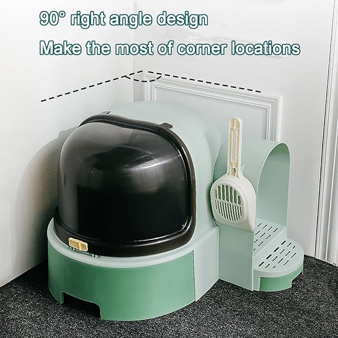 Cat Litter Box, Front Entry Cat Litter Box with Lid, Covered Kitten Litter Tray,Corridor-Type Odor-Proof Litter Box with Sand Drawer Including Cat Litter Scoop (Color : Green)