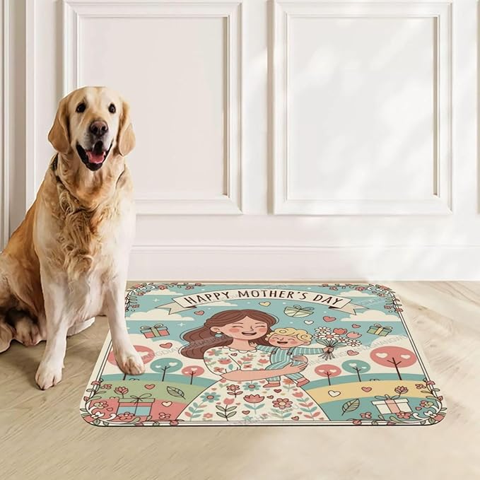 Absorbent Dog Water Cat Mat for Food Water Bowl Quick Dry Happy Mother's Day Floral Gift for Mom Blessing Ea Pet Feeding Mats No Stains Dog Food Mat Pet Accessories Supplies Cat Bowl Mats 18X12In