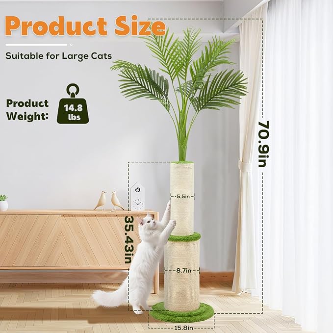 70.9inch Tall Cat Scratching Post,Artificial Areca Palm Tree Cat Scratcher with Sisal Rope,Extra-Large Scratching Post for Indoor Large Adult Cats,Faux Tree for Home Decoration