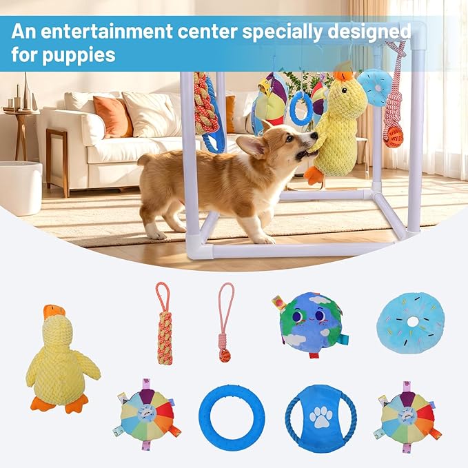 BABORUI Puppy Play Gym, Indoor Hanging Activity with 9 Toys, Puppy Toys to Keep Them Busy, Adjustable Playground for Small Dogs at Home