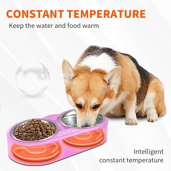 Heated Water Bowl for Dog & Cat, Outdoor Indoor Heated Pet Bowl with 2 Stainless Steel Bowl 48 OZ Large Capacity Provide Non Freezing Water & Food in Winter Double Heated Sink
