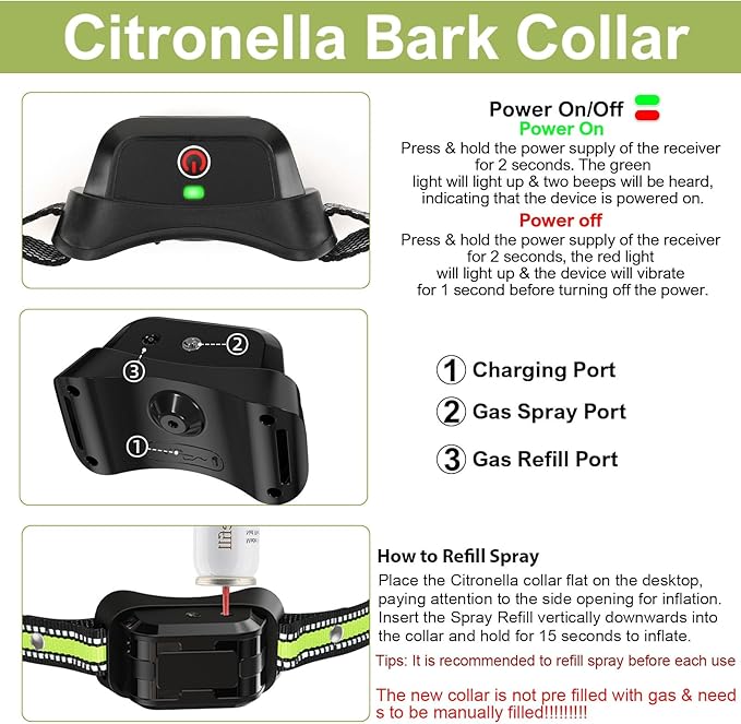 Citronella Training Collar for Dog [No Spray Refill] Spray Dog Training Collar with Beep/Vibration/Spray 4 Mode & 6 Adjustable Sensitivities IPX7 Waterproof Safer Bark Collar for L/M/S Dogs
