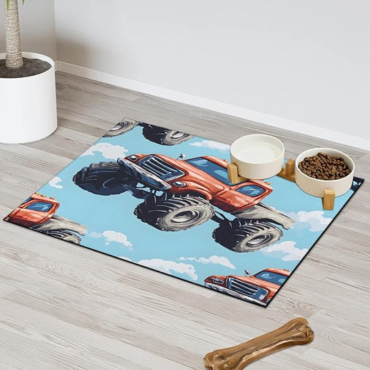 Truck Cars Dog Food Mat for Floors Absorbent, Quick Dry Water Dispenser Mat for Food, Water, Pet Supplies 12" x 20", Cool Vehicle