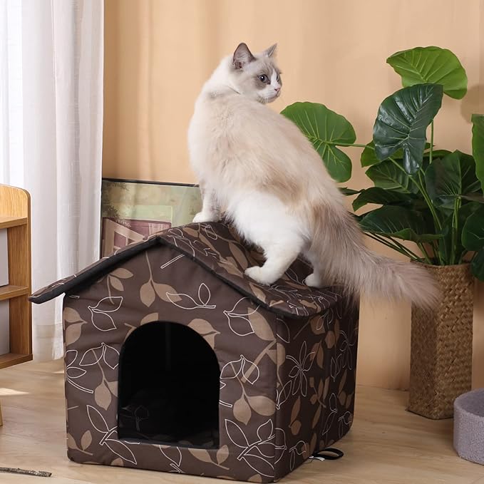 Outdoor Cat House Cat House for Outdoor and Indoor Use - Waterproof Shelter for Cats, Dogs, and Feral Animals (Brown, Medium)