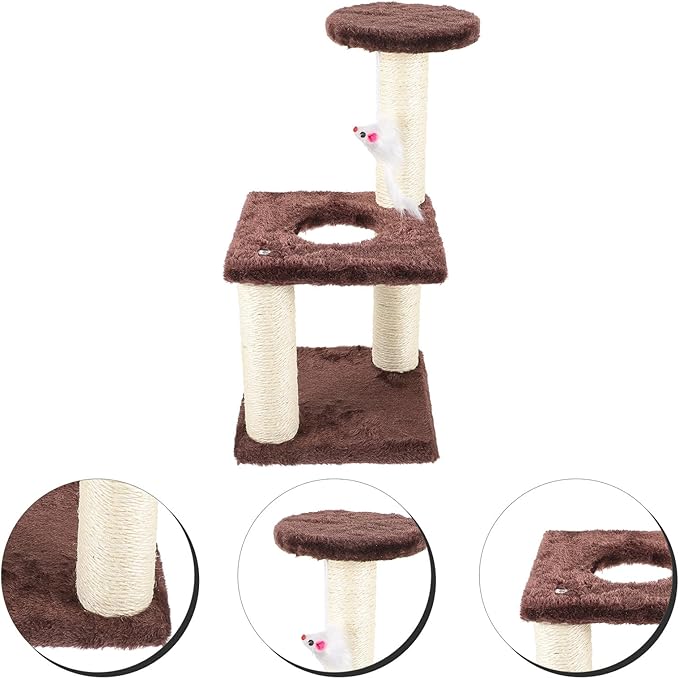 Kisangel Vertical Cat Scratching Post with Hanging Ball 3-Layer Sisal Cat Tree in Coffee Color for Indoor Kittens Multi-Level Climbing and Scratching Furniture