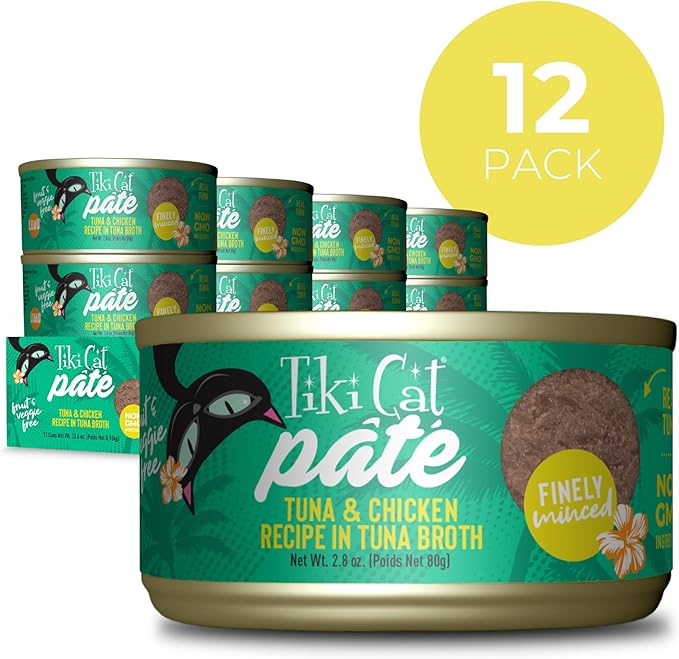 Tiki Cat Luau Pâté, Ahi Tuna & Chicken Recipe in Chicken Consumme, Grain-Free Balanced Nutrition Wet Canned Cat Food, for All Life Stages, 2.8 oz. Cans (Pack of 12)