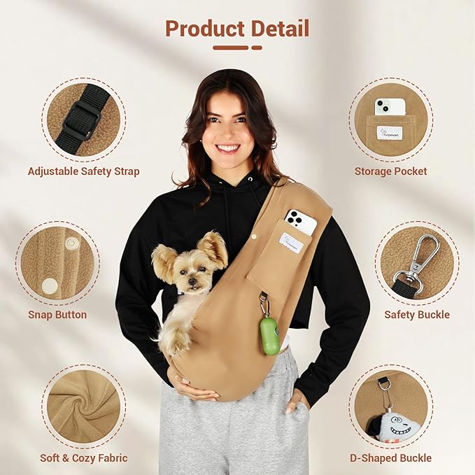 Dog Carrier Sling,Indoor Comfort Adjustable Cat Sling Carrier,With Front Pocket and Seat Belt Dog Carriers for Small Dogs Machine Washable,Suitable for Family Outdoor Use (Large, Khaki)