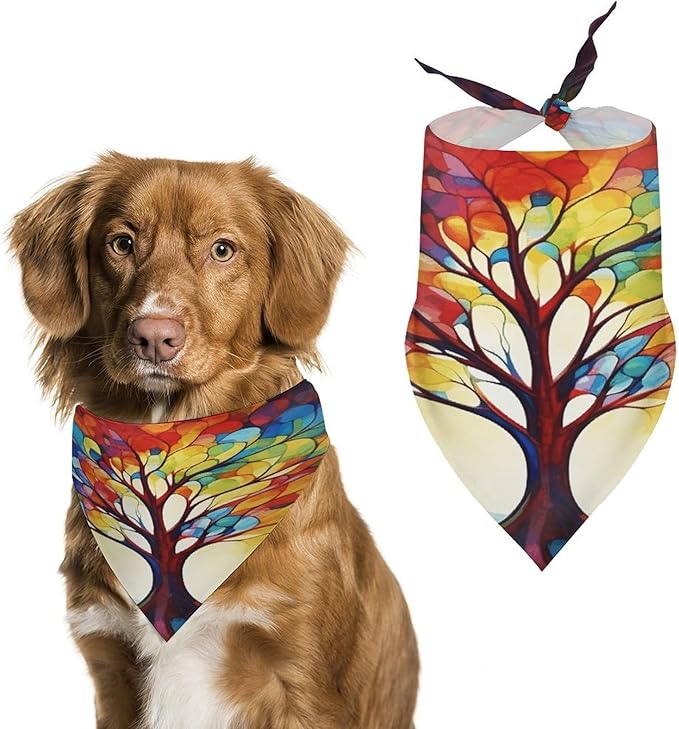 Dog Bandana Spring Pet Scarf Adjustable Triangle Colorful Tree of Life Printing Dog Bib Washable Polyester Puppy Bandana for Small Medium Large Dogs Cat Birthday Party Supplies