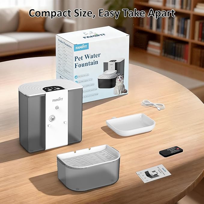 [New Upgrade] Famifit 4L+2.5L Heated Automatic Cat Water Fountain, 4000mAh Battery, Warm Water Option, Timed & Measured Control, Clean Water System, No Filter, Ceramic Bowl, Plug-in Recommended