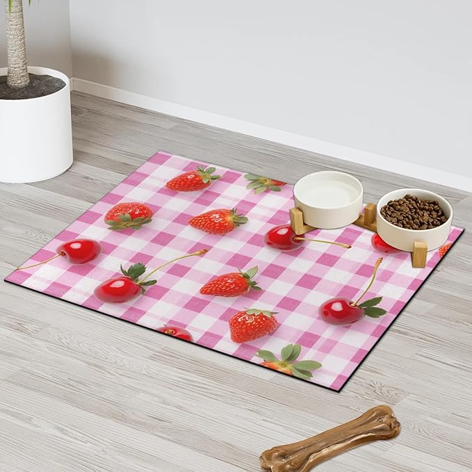 Red Strawberry Dog Food Mat for Floors Absorbent Dog Bowl Mat for Food and Water Dispenser Quick Dry Cat Food Placemat Pet Supplies 17" x 30", Buffalo Check