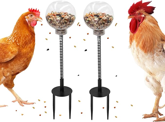 Chicken Enrichment Toys with Spring and Ground Stake, 2 Peck Treat Dispenser, Chicken Feeder for Coop, Coop Accessories for Hens, Geese, Ducks, Turkeys, Other Poultry