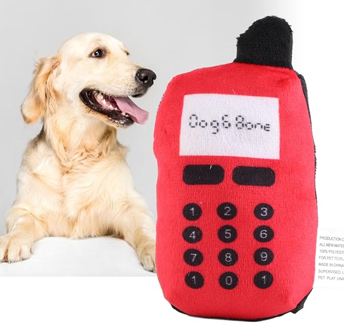 F&Yard Pet Chew Accessory Plush Phone Shape Squeaky Bite Item for Dogs and Cats, Soft Pet Play Supply (Red)
