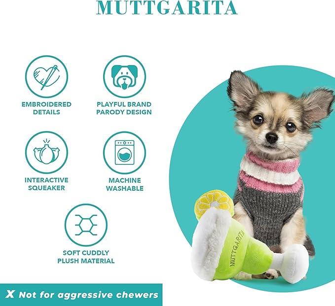 Haute Diggity Dog Muttgarita, Plush Designer Dog Toys with Interactive Squeaker, Stimulating Pet Enrichment, Machine-Washable & Safe Materials for All Breeds, One Size