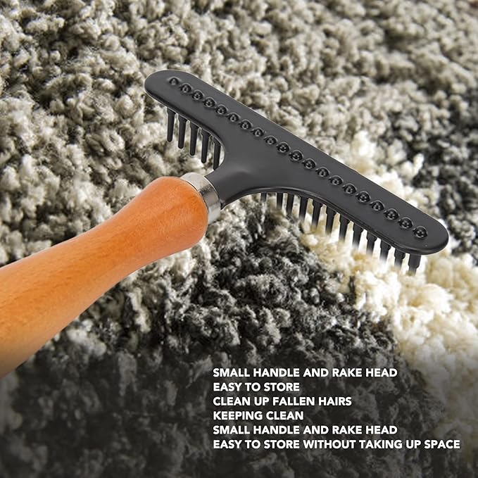 Wooden Handle Pet Brush, Handheld Cat Grooming Rake, Stainless Steel Deshedding Brush for Cats Dogs with Comfortable Rounded Tips