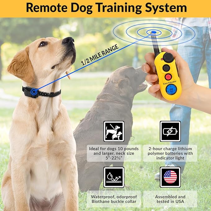Educator EZ-900 1/2 Mile Dog Training Collar with Ergonomic Remote–Humane Vibration Stimulation & Pavlovian Tone–Waterproof, Rechargeable, Biothane Collar, Night Light–Small & Medium Dogs–Yellow