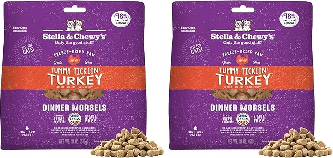 Stella & Chewy's Freeze-Dried Raw Cat Dinner Morsels - Premium Turkey Recipe with 98% Farm-Raised Meat & Organs - Natural Grain-Free Cat-& Kitten Food - Made in USA - 18 oz,(Pack of 2)