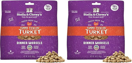 Stella & Chewy's Freeze-Dried Raw Cat Dinner Morsels - Premium Turkey Recipe with 98% Farm-Raised Meat & Organs - Natural Grain-Free Cat-& Kitten Food - Made in USA - 18 oz,(Pack of 2)