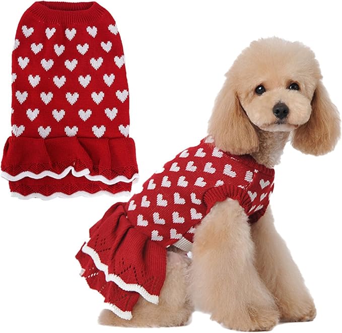 Lovely Heart Pattern Designs Dog Sweater Dress for Valentines Day Small Pet Winter Knitwear Birthday Gift Supply Knitdress