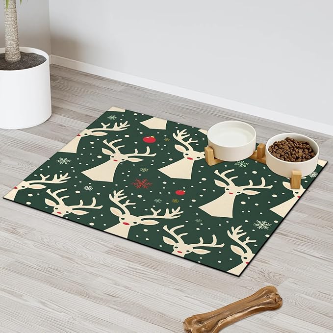 Christmas Deer Dog Food Mat for Floors Absorbent, Quick Dry Water Dispenser Mat for Food, Water, Pet Supplies 12" x 20", Winter Snowflake