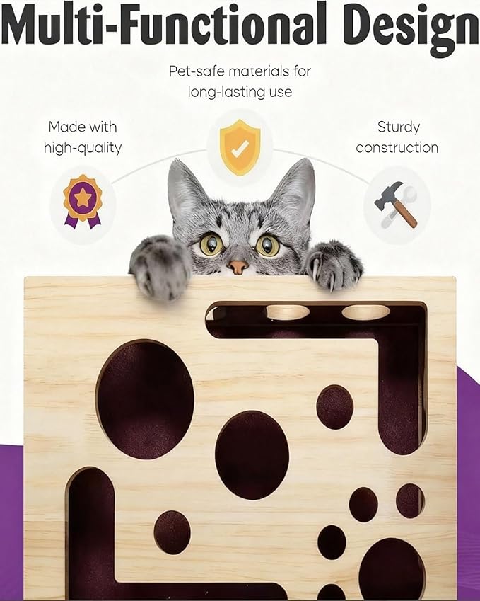 Wooden Cat Claw Care Scratcher with Maze Puzzle & Bell Ball - Enrichment Toy for Calm Grooming Alternative