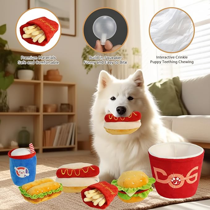 6-Pack Crinkle Squeaky Dog Toys for Aggressive Chewers Fast Food Plush Chew Toys Pet Set: Hide Seek Bucket, Chicken Hamburg, Fries, Cola, Hot Dog Durable Stuffed Dog Toys for Medium Small Breeds Puppy