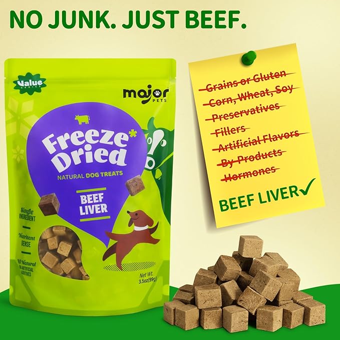 MAJOR PETS Freeze Dried Beef Liver Dog Treats - Single Ingredient - No Preservatives & High Protein - Grain Free - Premium Training Treats & Meal Topper - Made and Sourced in The USA - 3.5 oz