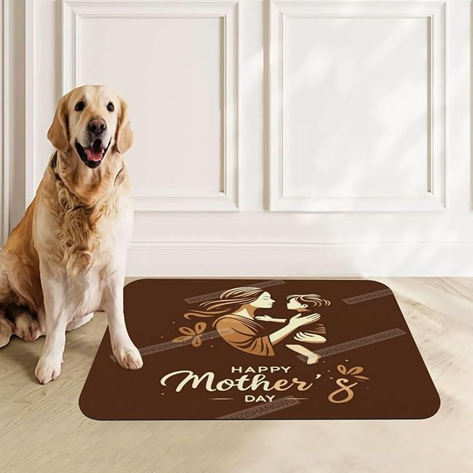 Pet Cat Dog Food Mat Absorbent Dog Feeding Mat Happy Mother's Day Floral Gift Mom Brown No Stains Cat Food Mats Indoor Pet Dogs Placemat Water Bowl Mats with Rubber Backing 18X12In