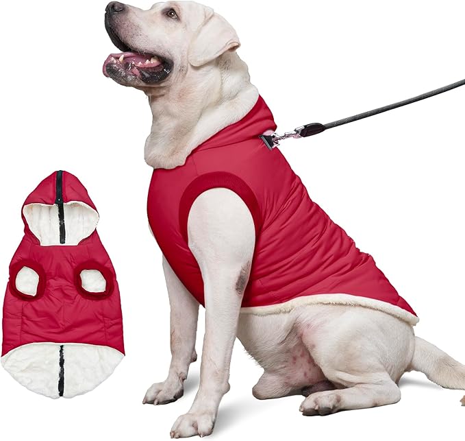 Fleece Lining Dog Hoodie with Harness Built in,Extra Warm Large Dog Jacket in Winter Doggie Coats with Hooded,Red XXL