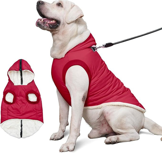 Fleece Lining Dog Hoodie with Harness Built in,Extra Warm Large Dog Jacket in Winter Doggie Coats with Hooded,Red XXL