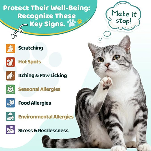 Natural Allergy Relief for Cats, Cat Itchy Skin Allergy Relief - Omega 3 & Probiotic for Allergies Cats, Cat Itch Relief - Skin & Coat Health, Immune Support, Seasonal Allergies - Chicken Flavor