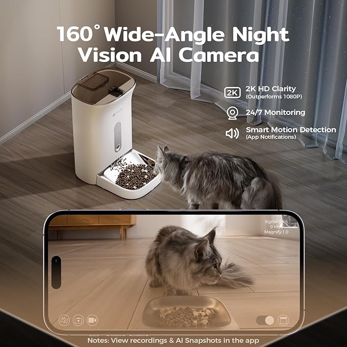 Automatic Cat Feeder with 3MP Camera,2K HD Video with Night Vision,5G/2.4G WiFi Pet Feeder with 2-Way Audio,App-Controlled Timed&Blockage Sensor,Detachable for Easy Cleaning with Desiccant for Cat/Dog
