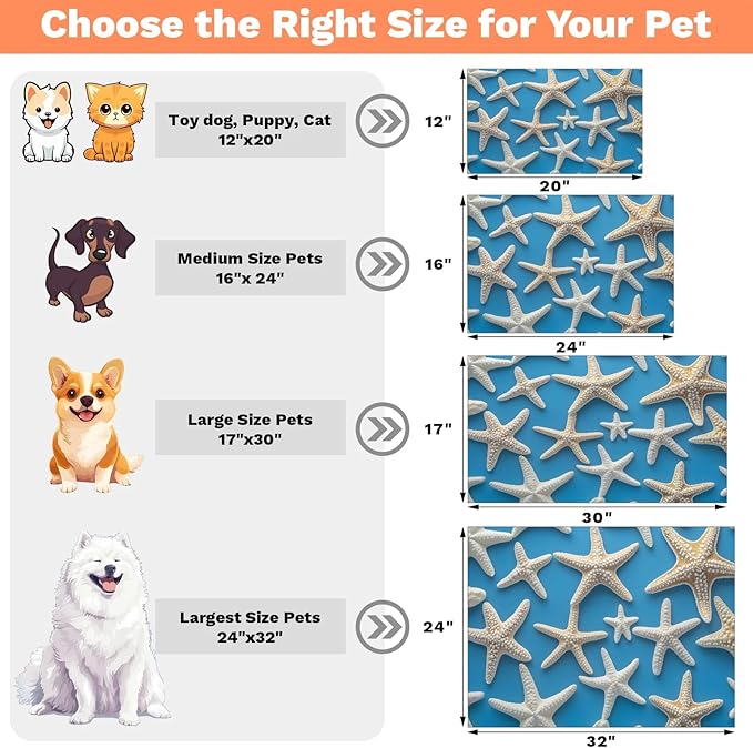 Starfish Dog Food Mat for Floors Absorbent Dog Bowl Mat for Food and Water Dispenser Quick Dry Cat Food Placemat Pet Supplies 12" x 20", Blue Ocean Sea