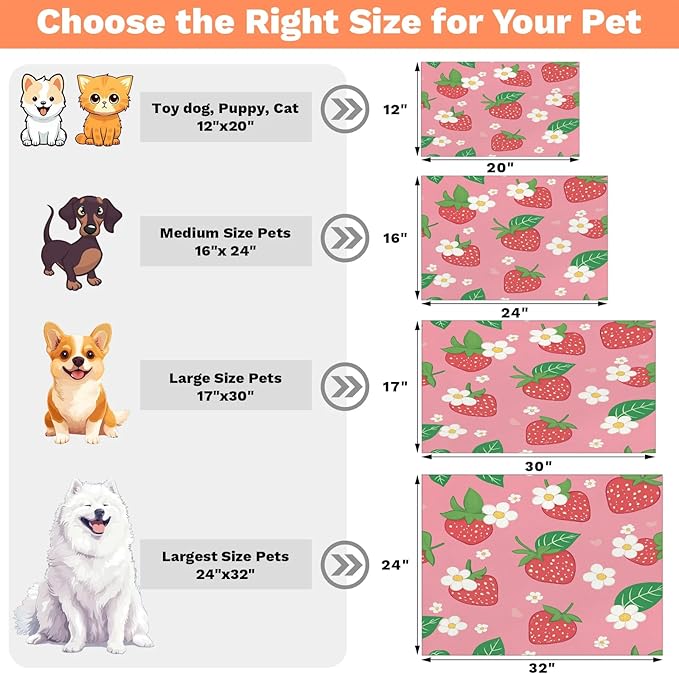 Strawberry Fruit Dog Food Mat for Floors Absorbent Dog Bowl Mat for Food and Water Dispenser Quick Dry Cat Food Placemat Pet Supplies 16" x 24", Cute Floral