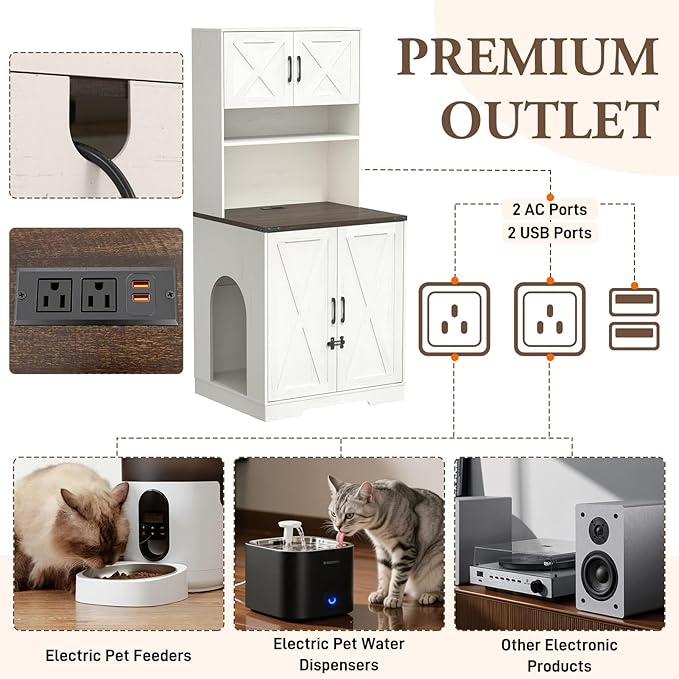 71Inches Tall Cat Litter Box Enclosure for Cats W/Power Outlets,Open Shelves.Wooden Pet Washroom Furniture W/Locks,Cabinet.White Indoor Cats House,Hidden Cat Litter Box for Living Room,Bedroom