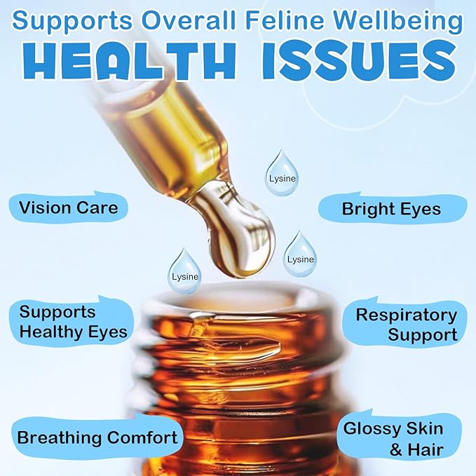 L-Lysine Liquid Drops for Cats - Chicken Flavor Immune Support & Respiratory Health Supplement with Echinacea & Vitamins - Helps Reduce Sneezing, Watery Eyes & Tear Stains, 60ml