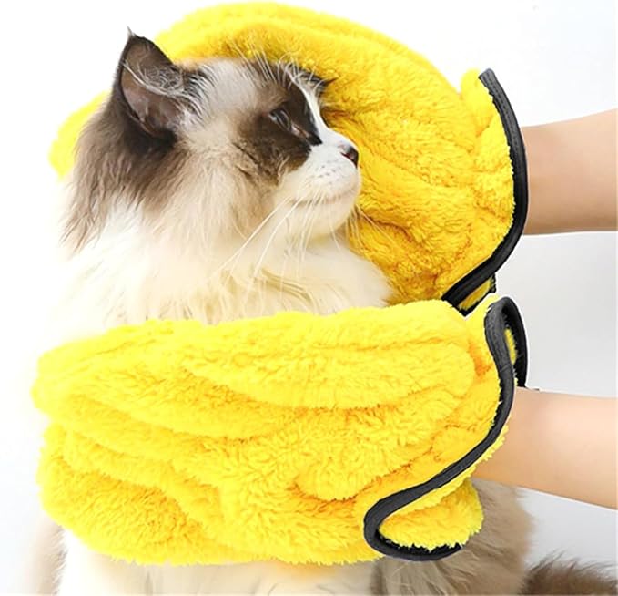 2026 New Corals Fleece Pet Grooming Gloves, Soft Cat Bathing Mitts, Gentle Absorbent Towel Gloves, Reusable and Lightweight, Quickly Drying Dogs Cats (Blue+Yellow, 4pcs)