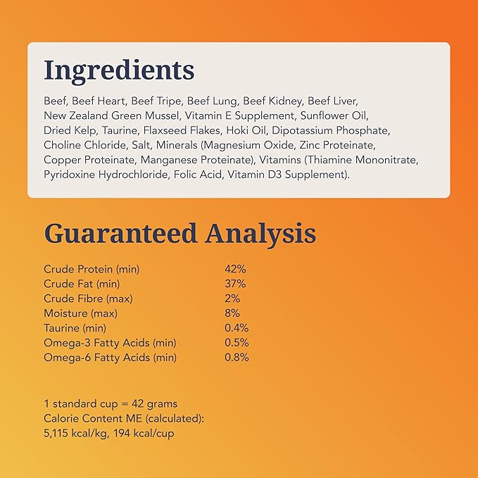 Feline Natural High Protein Dry Cat Food, Freeze-Dried Diet with 98% Meat, Organs & Seafood, No Peas, Grains, or Artificial Additives, Made in New Zealand, Beef, 11oz