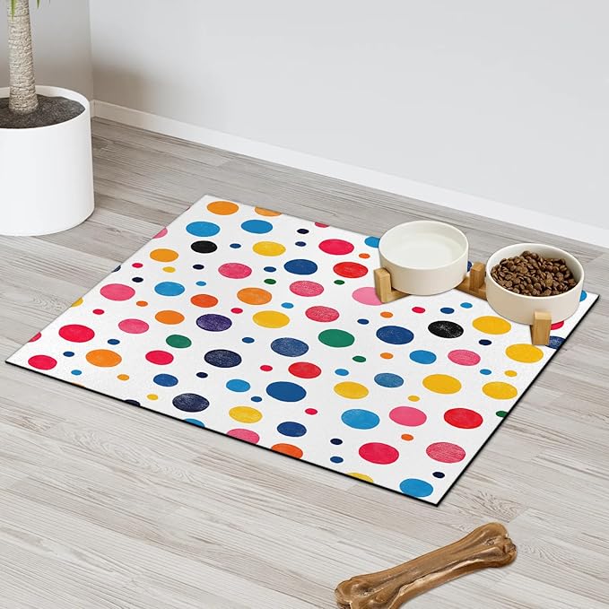 Polka Dot Dog Food Mat for Floors Absorbent Dog Bowl Mat for Food and Water Dispenser Quick Dry Cat Food Placemat Pet Supplies 16" x 24", Colorful Circle