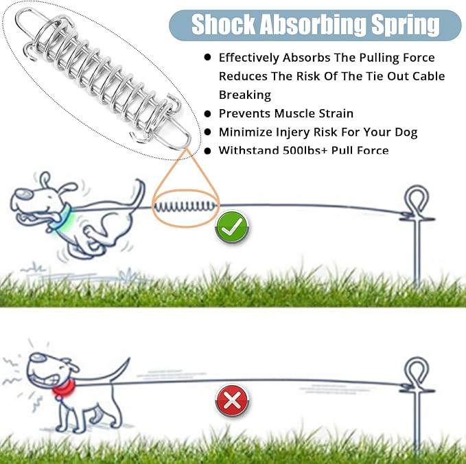 jenico Dog Tie Out Cable, 10/15/20/30/40/50/70/100/150FT Runner Cable with Swivel Hook and Shock Spring, Dog Leash Run Tether for Yard Outdoor and Camping,for Small to Medium Pets Up to 500 LBS