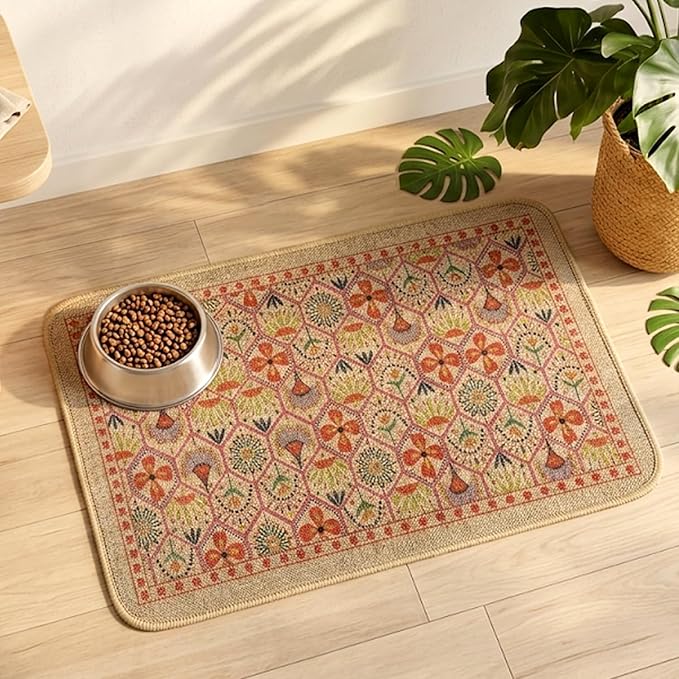 Dog Food Mats for Floors, Waterproof Quick Dry for Cat Bowl Food and Water, Eco-Friendly Accessories Pet Supplies(12"x20",Boho Flower)