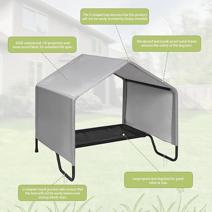 42" Large Outdoor Dog House for All Breeds Dogs, Waterproof & Snowproof 600D Oxford Dog House Featuring Elevated Dogs Bed, Pet Canopy Tent for Doggie, Cats, Small Animals, Grey