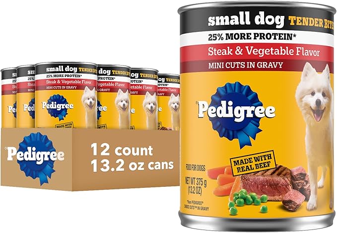 Pedigree Small Dog Tender Bites in Gravy Wet Dog Food Cans, Steak & Vegetable Flavor, 13.2 oz. Cans, 12 Count