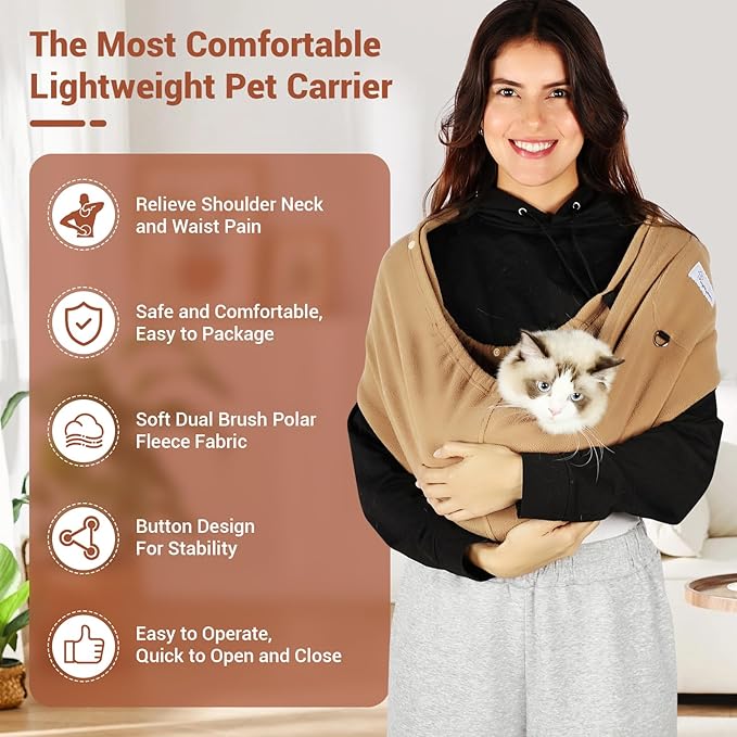 Dog Carrier Sling,Indoor Comfort Adjustable Cat Sling Carrier,With Front Pocket and Seat Belt Dog Carriers for Small Dogs Machine Washable,Suitable for Family Outdoor Use (Large, Khaki)